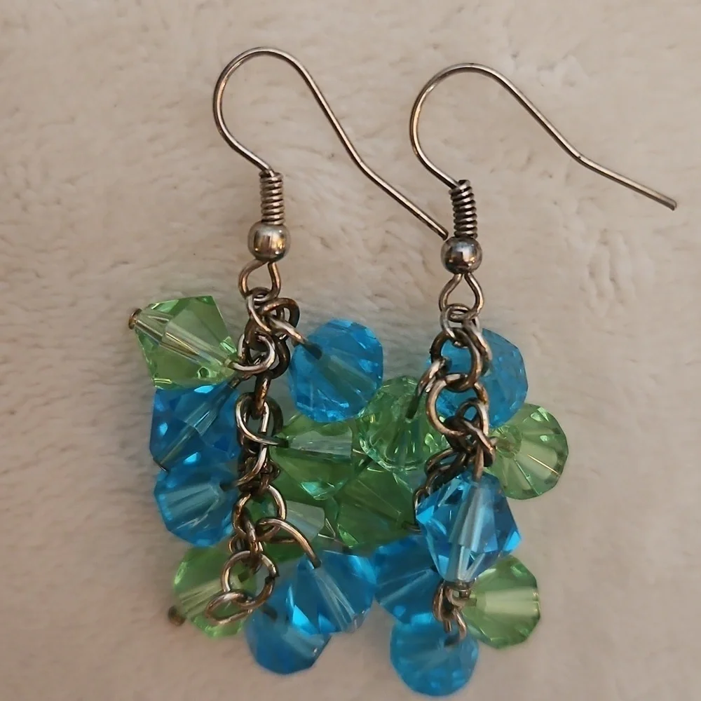 Vintage Elegant Blue and Green Crystal Cluster Dangle Hook Earrings